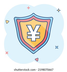 Vector cartoon yen, yuan shield money currency icon in comic style. Yen coin protection concept illustration pictogram. Asia money business splash effect concept.