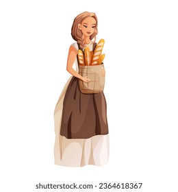 Vector cartoon young baker girl holding fresh baguettes in her hands. Fresh delicious bread, pastries, bakery products. Illustration isolated on white background