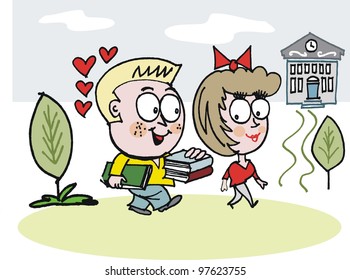 Vector cartoon of young boy carrying books for girl at school