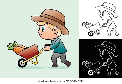 Vector cartoon of young boy farmer carrying big carrot using wheelbarrow