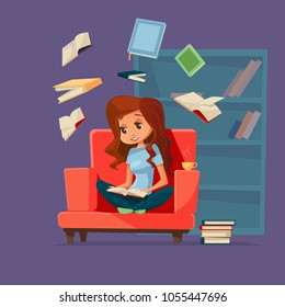 Vector cartoon young brunette girl reader, woman student character sitting at armchair reading textbook with books flying around. Cozy home background bookshelf. Education, learning concept