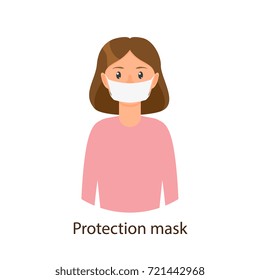 Vector cartoon young girl in pink pullover wearing protection mask. Flat isolated illustration on a white background. Illness and disease symptoms concept