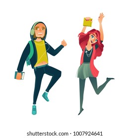 Vector cartoon young happy teen student girl, man in headphones jumping with books, University college cute female, male characters in modern casual outfit jeans colored hair. Isolated illustration