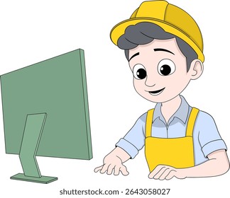 Vector cartoon of a young male architect wearing a yellow hard hat and overalls, working on a desktop computer