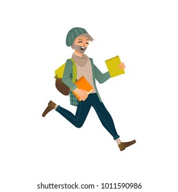 Vector cartoon young male teen student jumping. Happy man in modern casual clothing, jeans, cap holding books backpack having fun. University college character. Isolated illustration, white background