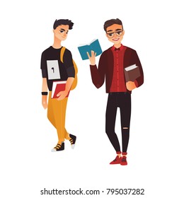 Vector cartoon young male teen students set. Men in modern casual clothing, jeans, glasses holding books, backpack smiling. university, college characters. Isolated illustration, white background