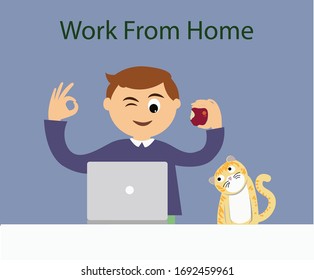Vector cartoon, young man communicating with friends in a happy posture by laptop and eating apples with a cute cat. Concept of work from home, COVID-19 virus outbreak, social distancing.