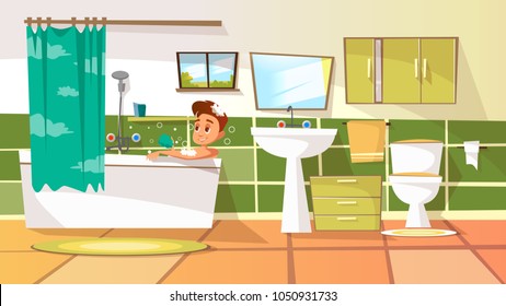 Vector cartoon young man having bath in bathtub. Illustration with male character relaxing in bubble shampoo soap washing, taking shower. Body care, hygiene, healthy lifestyle concept