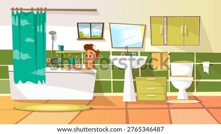 Vector cartoon young man having bath in bathtub. Illustration with male character relaxing in bubble shampoo soap washing, taking shower. Body care, hygiene, healthy lifestyle concept
