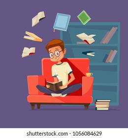 Vector cartoon young man reader, male student character sitting in glasses at armchair reading textbook with books flying around. Cozy home background bookshelf. Education, learning concept