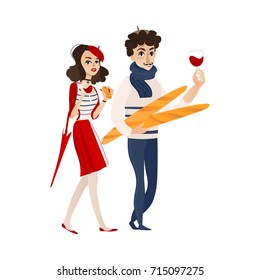 vector cartoon young man in scarf with baguette bread loafs and woman with umbrella, croissant and glass of red wine. French parisian style portraits set. Isolated illustration ona white background