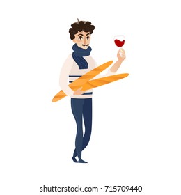 vector cartoon young man in scarf, pants and pullover holding baguette bread loafs and glass of red wine. French parisian style male portrait full length. Isolated illustration ona white background