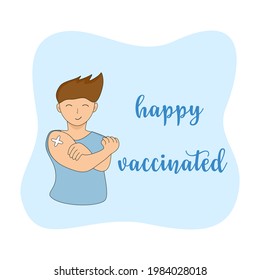 Vector  - Cartoon young man show arm have bandage after injection of the Vaccine. Coronavirus (Covid-19) vaccinated, Healthcare, medical concept. Can be use for advertising, banner, poster or web.