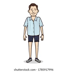 Vector Cartoon Young Man in Striped Short Sleeve Shirt and Denim Blue Shorts