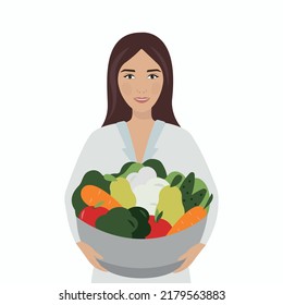 Vector cartoon young nutritionist with vegetables and fruits bowl. Healthy food