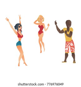 vector cartoon young people dancing at beach party set. cute beautiful hot slim women, girls in summer swimwear sunglasses and african black boy on vacation. Isolated illustration on white background.