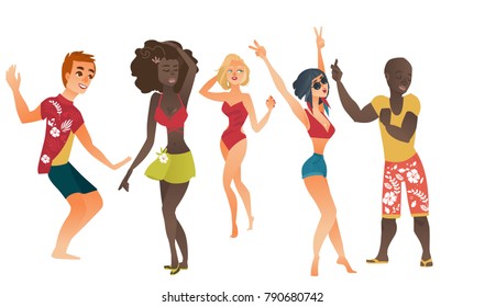 vector cartoon young people dancing at beach party set. cute beautiful hot slim women, girls in summer swimwear sunglasses and african black and caucasian men on vacation. Isolated illustration