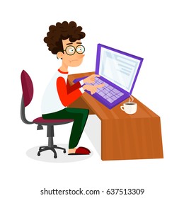 Vector cartoon young programmer man is working with laptop. EPS10 illustration of student studying process or search of work sitting at home.