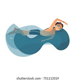 vector cartoon young teen boy swimming in stylized water pool in goggles, watches. Male man athlete in sport clothing training. Isolated illustration on a white background.