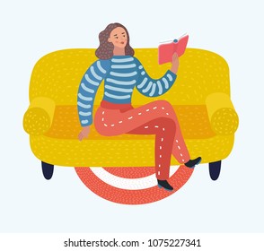 Vector cartoon Young woman reading book on sofa at home. Character on isolated background.