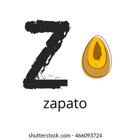 Vector cartoon of zapato FRUIT and letter Z . Hand drawn style letter with fruit illustration for kids. Educational poster for school, preschool and home for children