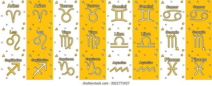 Vector cartoon zodiac icon set in comic style. Astrology signs illustration pictogram. Astrological horoscope business splash effect concept.