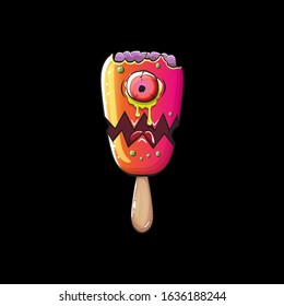 Vector cartoon Zombie ice cream with brain and red eyes isolated on black background. Funky Halloween pink ice cream zombie character.