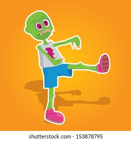 vector cartoon zombie sticker. vector Walking dead zombie on orange background