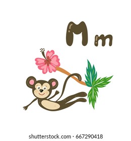 Vector cartoon zoo alphabet letter. ABC animals: M is for monkey. Baby kid preschool study print design with smile monkey