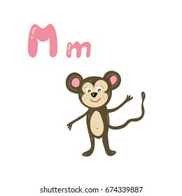 Vector cartoon zoo alphabet letter. ABC animals: M is for monkey. Baby kid preschool study print design with smile monkey