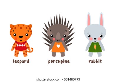Vector cartoon zoo animals. Wild leopard and rabbit, hedgehog or wildlife porcupine. 