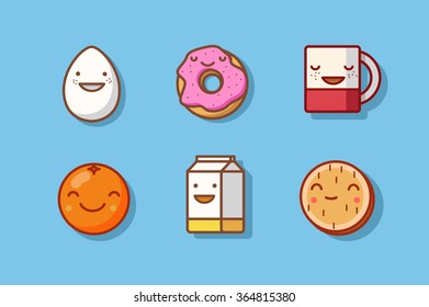 Vector Cartoon.Breakfast. Funny Characters. Egg, Donut, Kava, Tea, Orange, Milk, Cookies