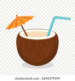 Vector CartoonCoconut Drink with Straw and Umbrella. Tropical Summer Vector for Beach Cocktail, Coconut Water, Exotic Juice, Island Drink, Vacation Icon, Summer Party, Travel Clipart, Drink Design