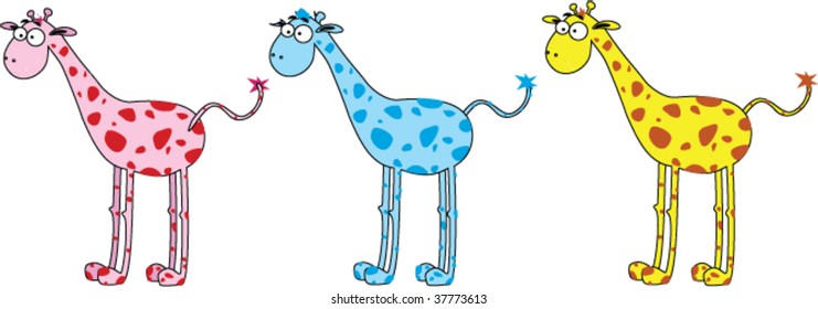   Vector cartoone giraffes. Greeting cards for baby birthday. Vector Illustration.