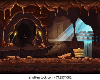 Vektorgrafik/Illustration eines magischen Wasserfalls in einer Grotte. Hintergrundbild zum Erstellen von Original-Video- oder Web-Spiele-Grafik-Design-Bildschirmschonern.