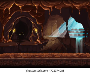 Vector cartoon/illustration of a magical waterfall in a grotto. Background image to create original video or web games graphic design screen savers.