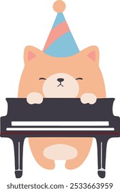 A vector of a cartoonish bear in a party hat, playing the piano