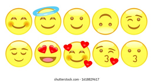 Vector cartoonish emoticons yellow for social media. Chat comment reactions, smile, sad, love, like