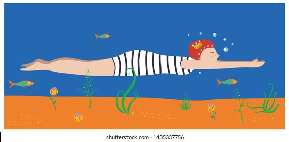 Vector cartoonish illustration of woman swimming and diving under the water in the sea, river or lake with fish, seaweeds, underwater plants for children book, swimming pool or learning to swim course