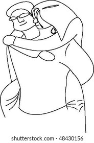 vector of cartoonish nerdy guy with girl on his back kissing him on the cheek