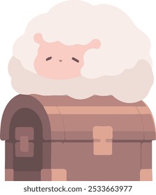 Ein Vektor eines cartoonischen Schafes, das auf einer Schatztruhe sitzt