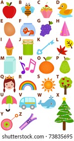 Vector of cartoons Alphabet A to Z, simple dictionary for Kids. A set of cute and colorful back to school icon collection isolated on white background