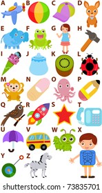 Vector of cartoons Alphabet A to Z, simple dictionary for Kids. A set of cute and colorful back to school icon collection isolated on white background