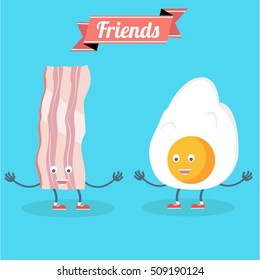 Vector cartoons of comic characters bacon and eggs. Friends forever Breakfast