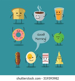 Vector cartoons of comic characters breakfast food