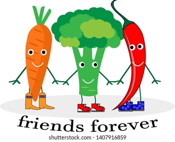 vector cartoons of comic characters carrot,broccoli and red hot chilli pepper.illustration with slogan friends forever for t-shirt print, greeting card design and other uses