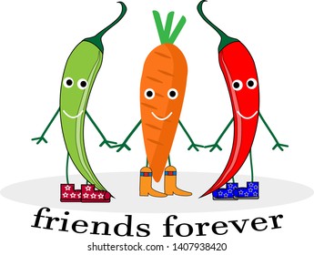 vector cartoons of comic characters carrot,green and red hot chilli pepper.illustration with slogan friends forever for t-shirt print, greeting card design and other uses