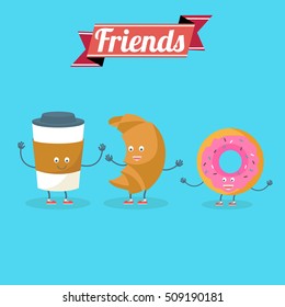 Vector cartoons of comic characters coffee and croissant. Friends forever Breakfast