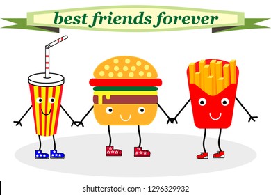 vector cartoons of comic characters french fries,cola and hamburger.llustration with text “ best friends forever” for t-shirt print, greeting card design and other uses