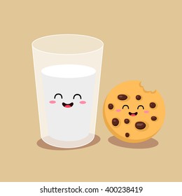 Vector cartoons of comic characters glass of milk and cookies. Friends forever. Breakfast